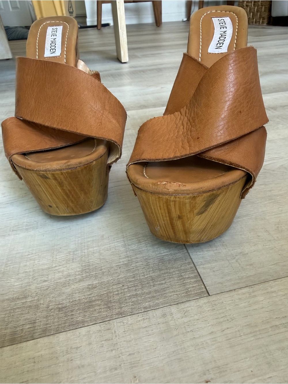 Steve Madden Tan Leather Crisscross Wedge Sandals with Studs - Picture 11 of 14